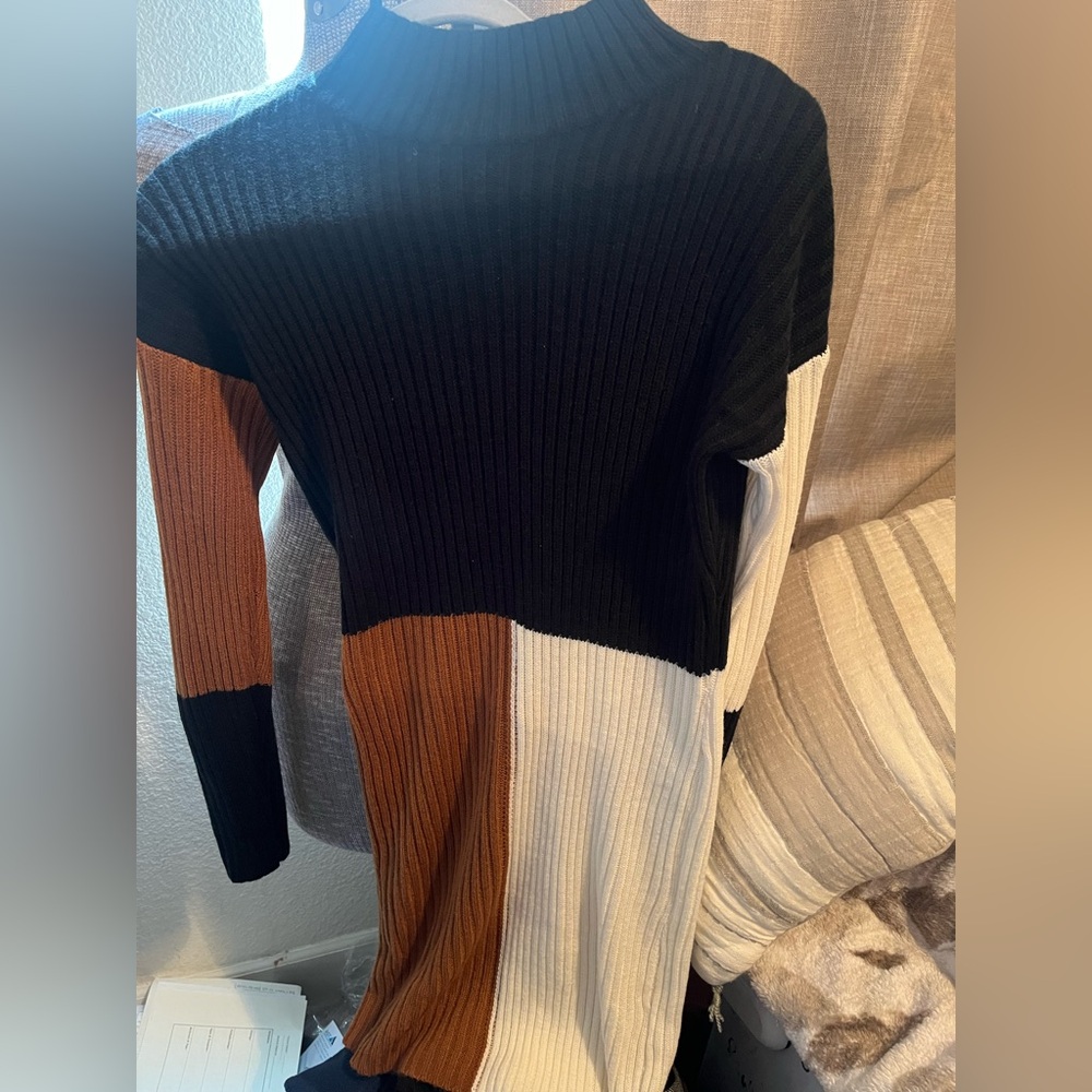 SHEIN Black and Brown Ribbed Midi Dress Mock Neck